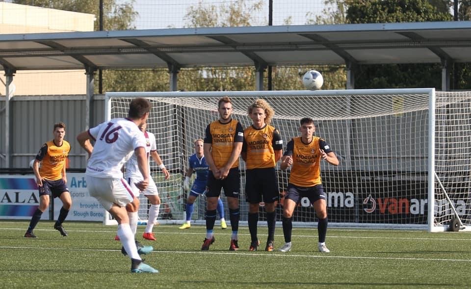 Weymouth Midfielder Andreas Robinson scores free-kick against Slough Town