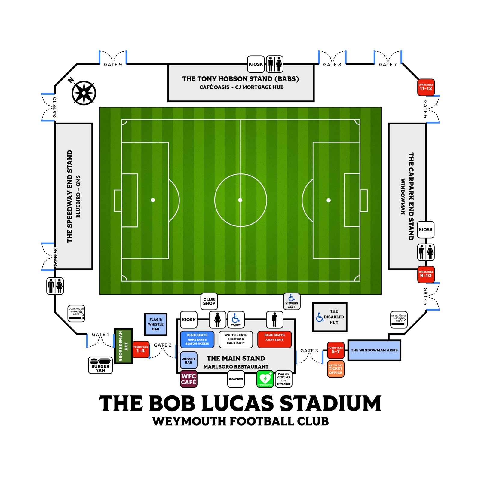 Bob Lucas Stadium plan showing stands, gates, facilities and supporter areas